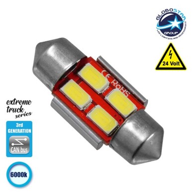 Σωληνωτός LED Extreme Truck Series Can-Bus 3ης Γενιάς 31mm 3w 24V Ψυχρό Λευκό 6000k GloboStar 81341